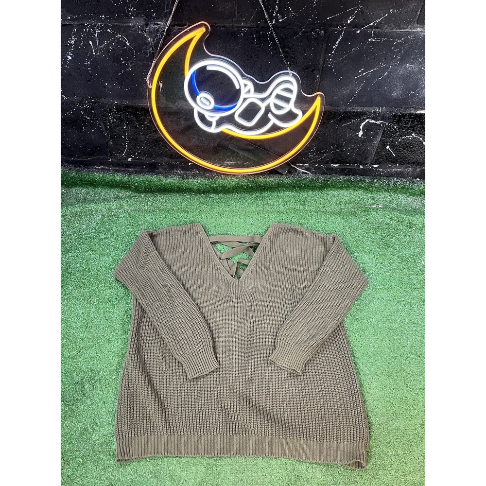 RD Style Green Cable Knit Sweater Lace Tie Up Back Design Women's Size XL